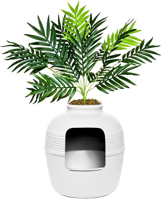 Good Pet Stuff Hidden Litter Box Planter, Decorative Cat Litter Enclosure with Carbon Filter, Artificial Plant, Easy Clean, Removable Liner, Round Style, Essentials Kit, Classic White
