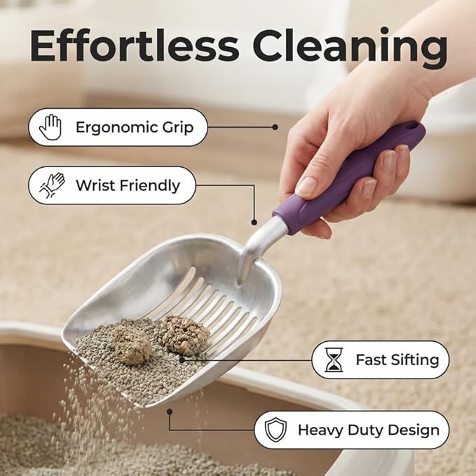 Heavy Duty Cat Litter Scoop with Holder - All Metal Cat Litter Scooper with Holder - Speed Sifter Litter Box Scooper Captures All Clumps - Aluminum Cats Litter Scooper (Purple)