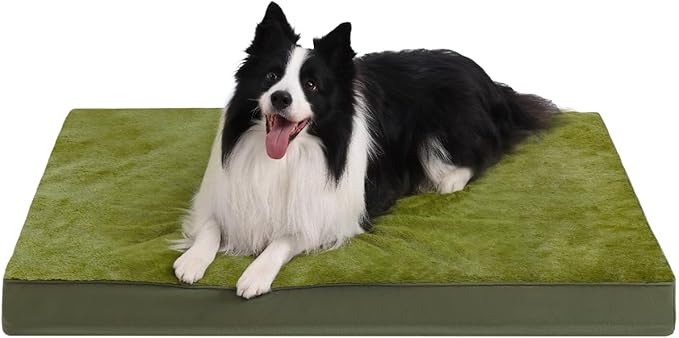 KSIIA Orthopedic Dog Bed Crate Waterproof Pet Mats for Large Dogs Deluxe Plush Washable Pet Bed with Egg Crate Foam & Removable Cover, 41 x 27 Inch, Green