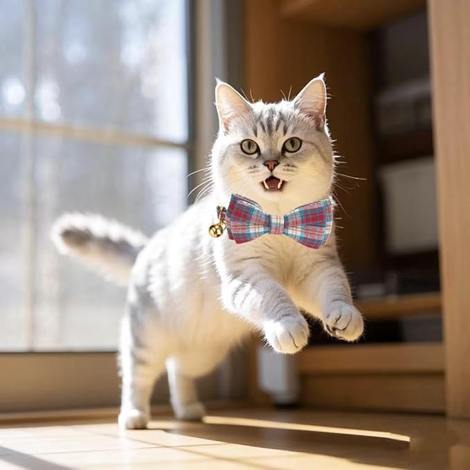 2 Pack Soft Cotton Cat Collars with Bowtie and Bell Breakaway Plaid Cat Kitten Collar(Red and Green)