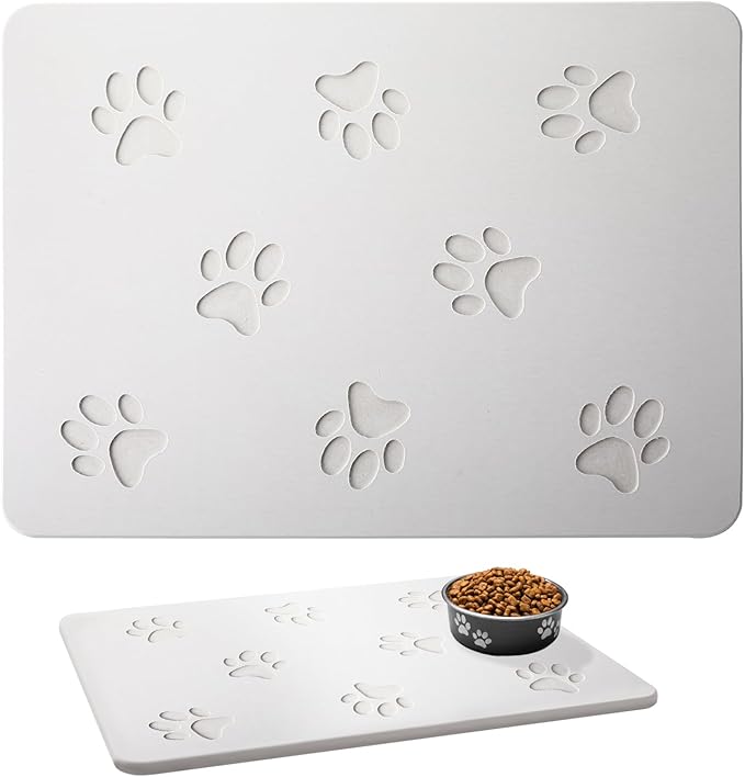 White Diatomaceous Earth Dog Bowl Mat (16x12 in) | Non-Slip Pet Food & Water Mat | Square Design with Cute Paw Prints for Medium Dogs, Quick Dry & Easy to Clean