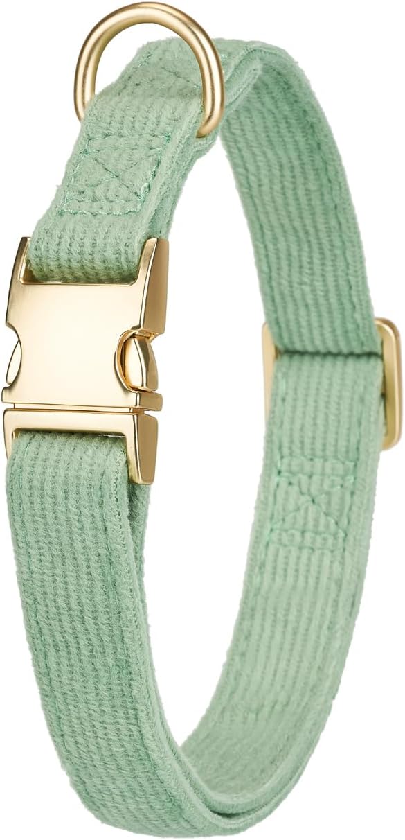 Soft Cotton Dog Collar with Metal Buckle Adjustable Heavy Duty Comfy Corduroy Collars for Small Medium Large Dogs,Grass Green,Small