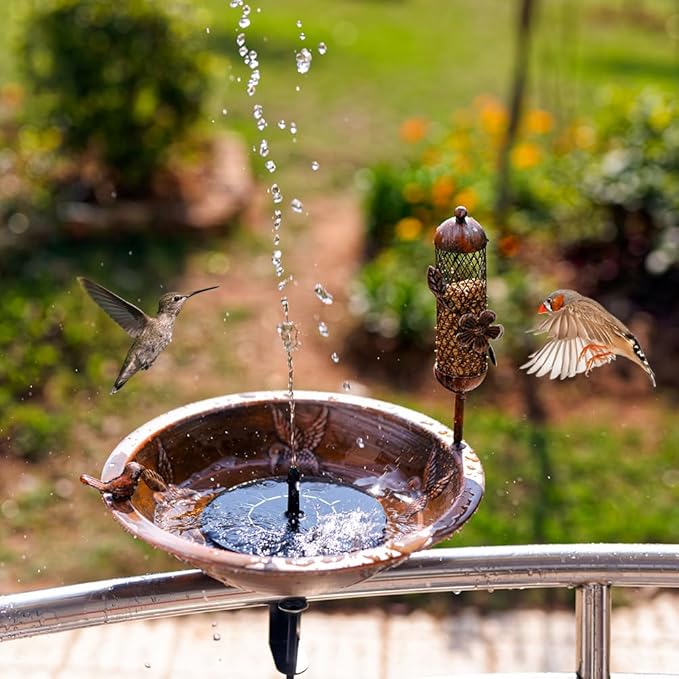 DREAMSOUL Deck Bird Bath with Feeder, 13" Bird Bath for Outside with Adjustable Sturdy Steel Clamp, Metal Birdbath Bowl for Railing Balcony Patio Decor