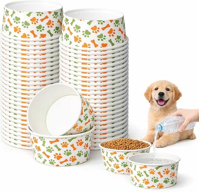 60 Pcs 42 oz/ 5.2 Cups Disposable Pet Bowls with Waterproof PE Coating, Heavy Duty Leakproof Bulk Dog Bowls with Printed Pattern for Multi-Dog Homes, Puppies, Travel, Camping & Pet Party