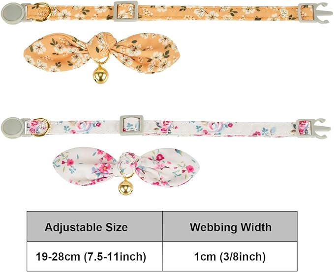2 Pack Cotton Cat Collar, Removable Bowtie, Floral Pattern, Safety Breakaway Clasp, Adjustable for Cats.(Adult Cat, Yellow+White)
