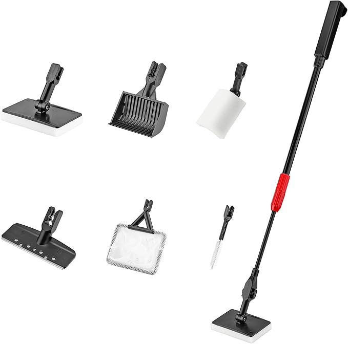 Lpraer Multifunction 7 PCS Aquarium Cleaning Tools Bundle Kit Set Adjustable Fish Tank Cleaner w/Long Telescopic Extended Handle,Fish Net,Algae Scraper, Sponge Pad, Gravel Rake & Cleaning Brush