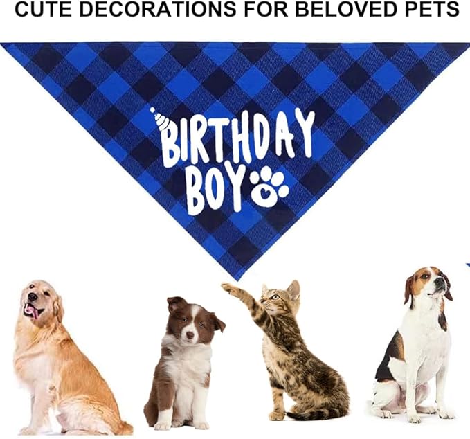 Dog Party Supplies, Boy Bandana With Hat Bow Tie Number, Cute Scarf and Happy Birthday Banner Set for Large Medium Small Dogs Pet (Blue)