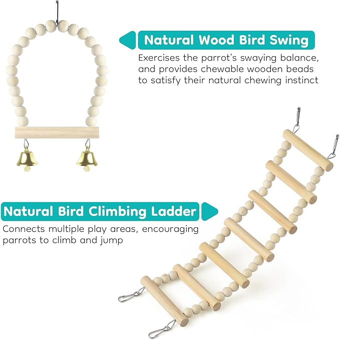 5in1 Bird Perch Ladder with Swing, Natural Wood Parrot Perches Platform with Stainless Steel Feeding Cup, Play Gyms Stands Playground for Budgie Conure Lovebird Canary Hamsters