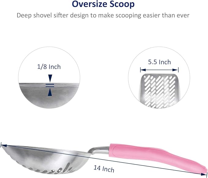 WePet Cat Litter Scoop, Aluminum Alloy Sifter, Kitty Metal Scooper, Deep Shovel with Diagonal Sifting Hole, Long Handle, Kitten Poop Lifter for Litter Box, Large Size, Pink Handle