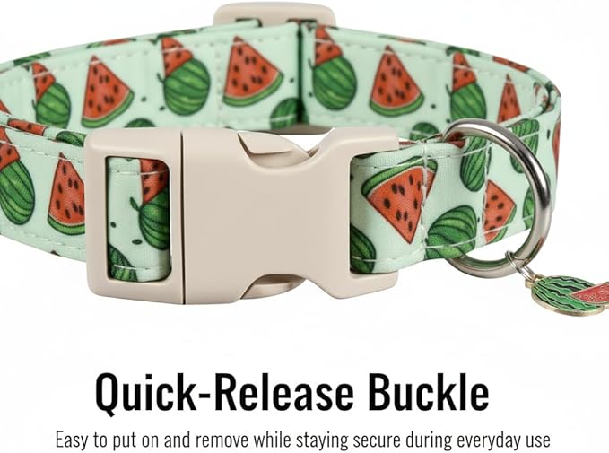 Summer Dog Collar for Large Dogs, Cute Dog Collar with Watermelon Pattern and Pendant, Green Pet Collar with Soft Cotton Fabric and Robust Buckle
