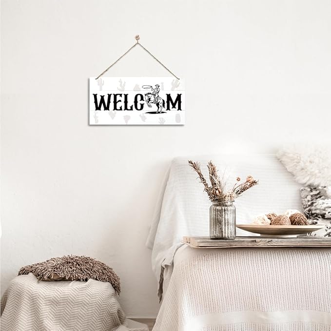 Welcome Sign for Front Door, Welcome Decor Wooden Hanging Sign for Wall Decor, West CowBoy Pattern Hanging Signs, Funny Wooden Outdoor Front Door Decoration 13.8X6.9 inches