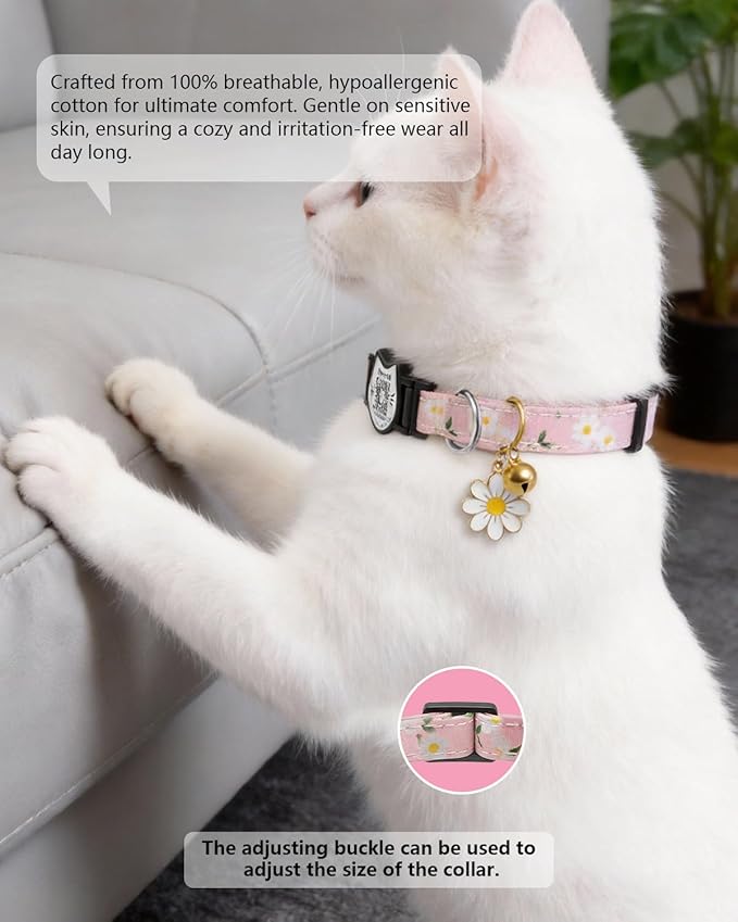 Cute Floral Breakaway Cat Collar with QR Code ID Tag, Soft Cotton Adjustable Kitten Collar with Bell, Personalized Scan ID for Cats, Daisy Pattern,Flower Pendant (Pink)