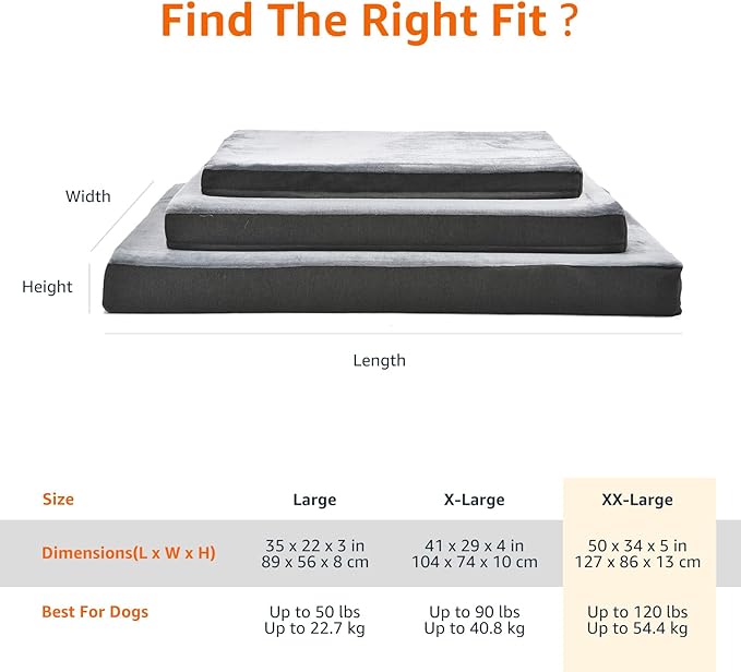Amazon Basics Washable Dog Bed with Cooling Gel Memory Foam, Pressure-Relief Support for Dogs up to 120lbs, Non-Slip Bottom, Removable Cover, Giant Sized (50" x 34"), Grey