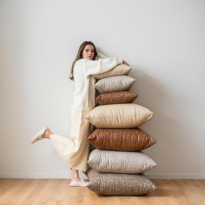 Pack of 4 Neutral Decorative Faux Leather Throw Pillow Covers 20x20 inch, Soft Modern Boho Luxury Waterproof Floor Cushion Cases, for Outdoor Lounge Sofa Couch Bed Home Decor