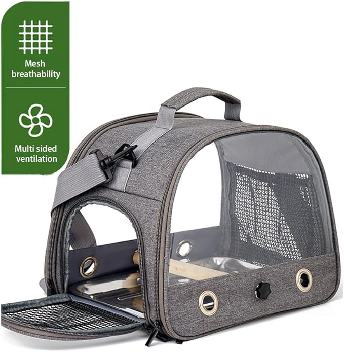 Bird Travel Carrier with Stainless Steel Tray,Lightweight Breathable Parrot Cage with Removable Wooden Stand Stick and Long Shoulder Strap,Bird Cages for Parakeets Budgie