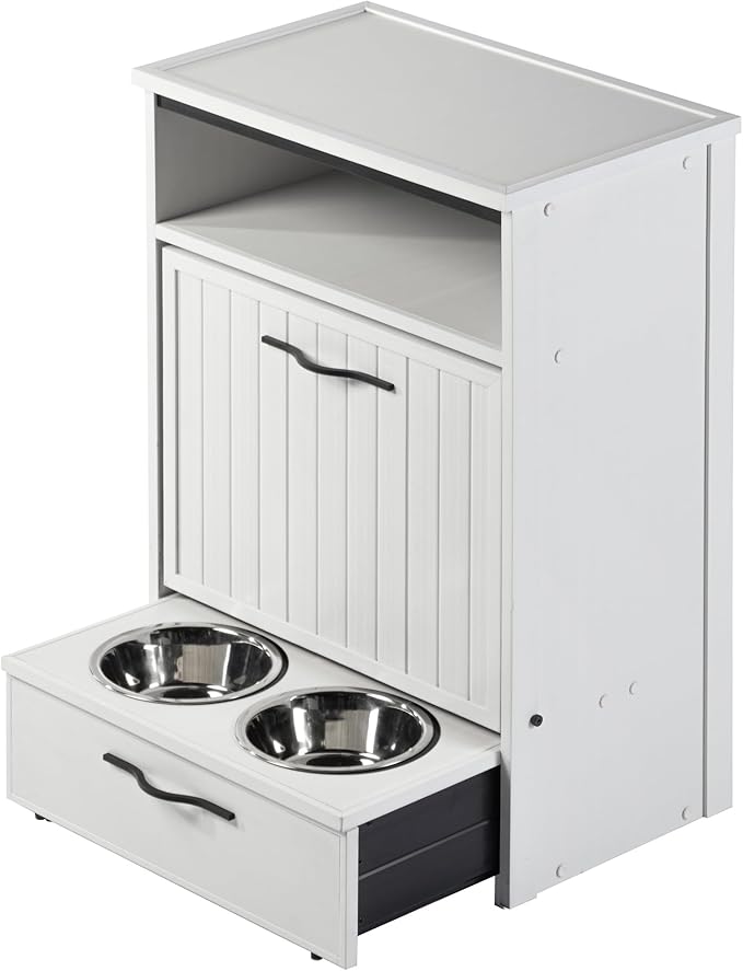 New Age Pet ECOFLEX Brea Dog Food Pantry in Antique White, Two 32 oz Bowls, Moisture Resistant, Easy Assembly, Holds 25 lbs