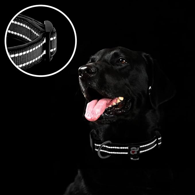azuza Reflective Dog Collar,Soft Neoprene Padded Pet Collar with ID Tag Ring,Adjustable for Medium Dogs,Black,M