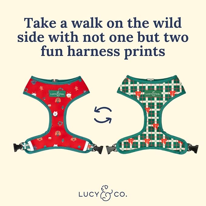 Lucy & Co. Cute Reversible Dog Harness Walking Halter - Best Designer Pet Harnesses for XS - XL Dogs - Padded Adjustable Vest for Easy Walking- Happy Howlidays - Seasonal - Medium