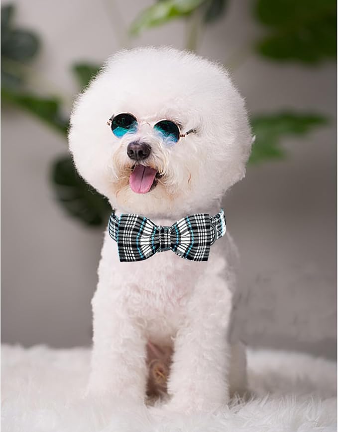 Lionheart glory Dog Bow Collar Blue and Black Plaid Dog Collar for Small Dogs,Boy Dog Collars with Bowtie Spring Summer Collars Soft Adjustable Pet Collar Bows