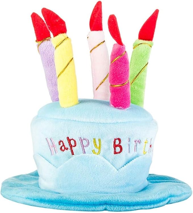 Cute Adorable Dog Cat Birthday Cake Hat Pet Cap Headwear Hat with 5 Color Candles Design Party Custom Accessory (One Size fits Most) (Blue)