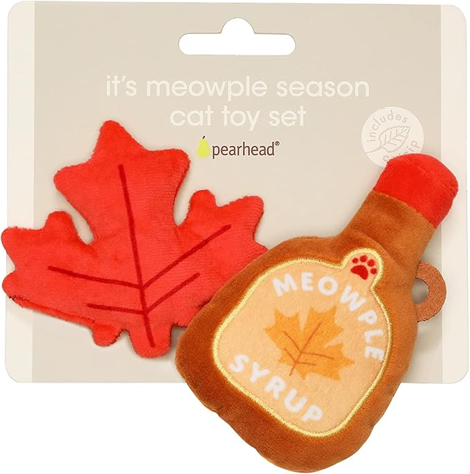 Pearhead Fall Maple Leaf Cat Toy Set – 2-Pack Crinkle and Catnip Teaser Toys for Thanksgiving, Autumn Interactive Play, Kitten Chase Exercise Gift