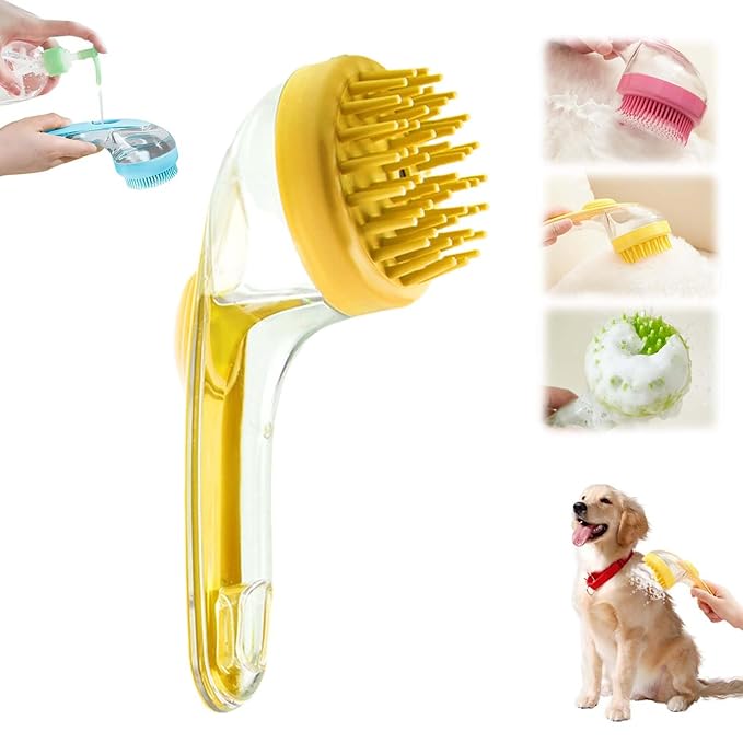 Pet Bath Brush, 2025 New 2 in 1 Dog Bath Brush with Built-in Shampoo Dispenser, Pet Wash Brush for Bathing Dog Grooming Massage Brush for Long Short Haired Dogs Cats Shower (Yellow, Coarse teeth)