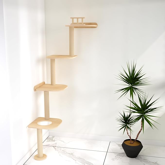 Wall-Mounted Tall Cat Tree Cat Scratching Post, Space Saving Floor to Ceiling Cat Tower, Natural Wood Cat Wall Shelves, Corner cat Jumping Platform cat Bed,Suitable for Large Cats