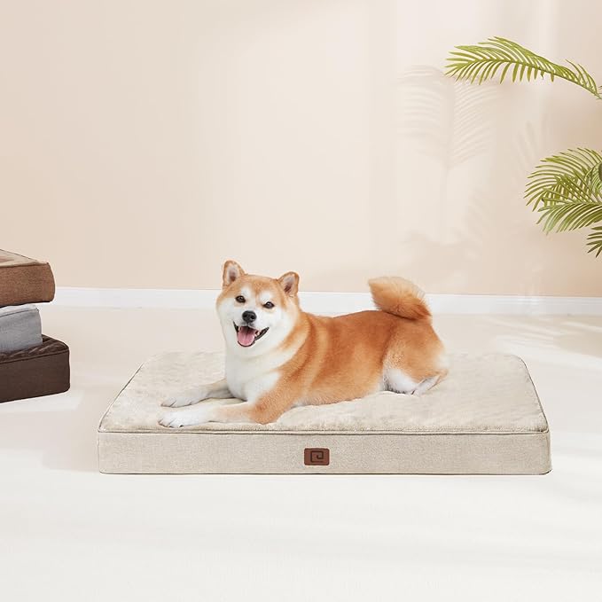 EHEYCIGA Waterproof Dog Bed Orthopedic 35"x23", Memory Foam Pet Bed for Larged Size Dogs, Washable Pet Mat with Removable Cover, Beige