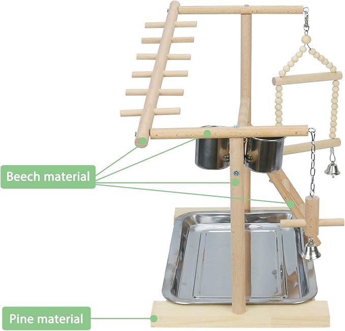 Parrot Playstand Bird Playground Birdcage Wood Perch Stand Ladder Swing with with Feeder Cups Birds Play Gym Cockatiel Playground Include Hanging Bell Swing Ladders