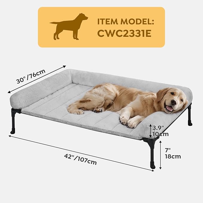 Veehoo Orthopedic Elevated Dog Bed with Fluffy Plush Bolster Cushion, Indoor Raised Dog Beds for Large Dogs, Soft Pet Sofa Cot with Removable Washable Mat, No-Slip Feet, 42 x 30 inches, Grey