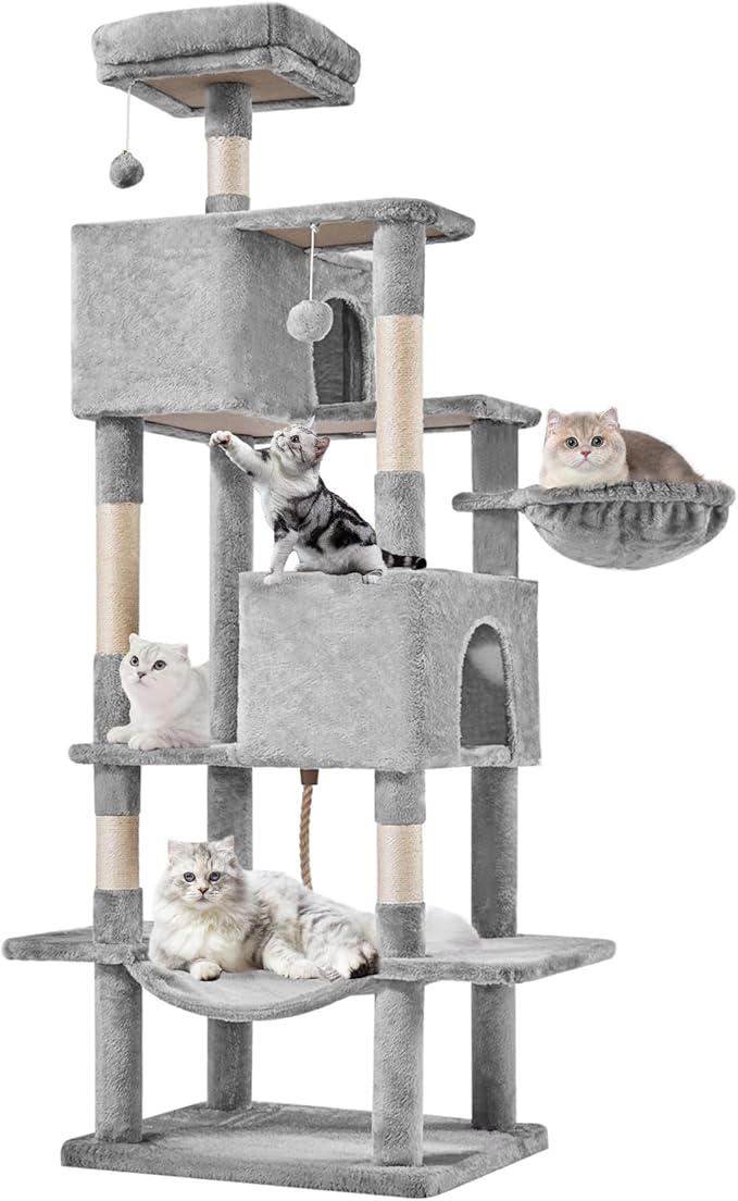 Sweetcrispy 66 Inch Cat Tree Tower, Multi Level Cat Climbing Tower with Natural Sisal Scratching Posts, Hammock, Pet Condo for Indoor Cats and Kittens Play, Grey