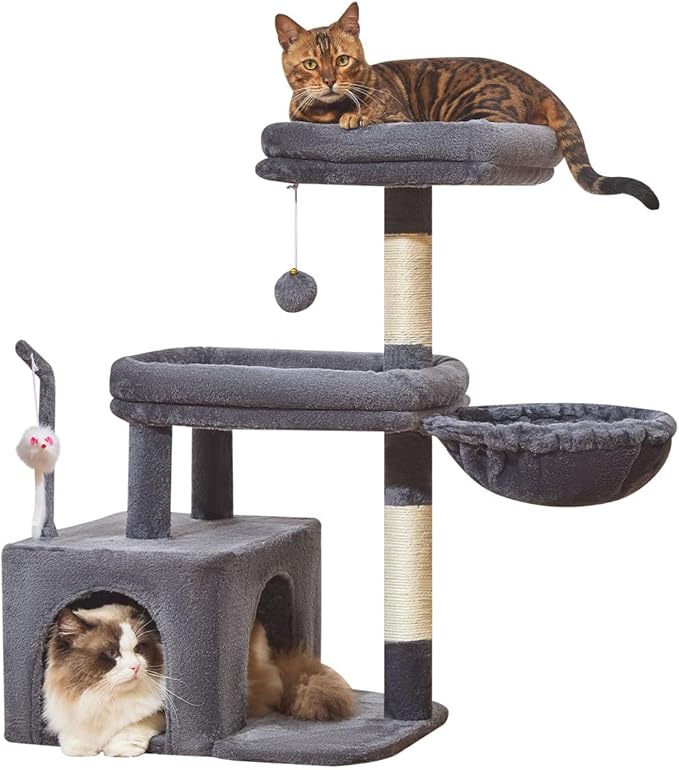Taoqimiao MS043G Cat Tree, 32.2-Inch Cat Tower for Indoors Cats, Cat Condo with Large Cat Perch, Spacious Cat Cave, Scratching Posts for Small and Medium Cats, Smoky Gray