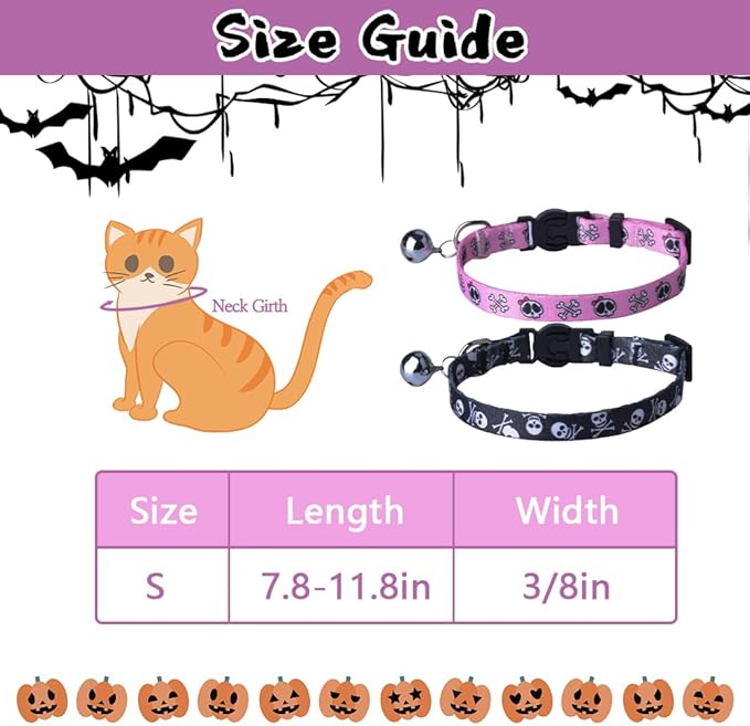 PUPTECK Breakaway Cat Collar with Bell Charm, 2 Packs Adjustable Kitty Collars Pink & Black Skull Pattern, 7.8-11.8 in