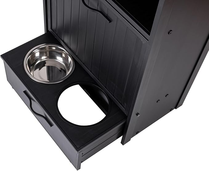 New Age Pet ECOFLEX Brea Dog Food Pantry in Black, Two 32 oz Bowls, Moisture Resistant, Easy Assembly, Holds 25 lbs
