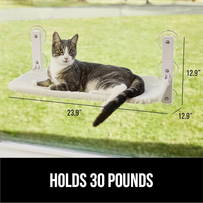 GORILLA GRIP Cat Window Perch, Foldable Cat Window Hammock Bed with 6 Large Suction Cups, Cordless Indoor Wall Shelves, Strong Metal Frame Holds 30lbs, Reversible Washable Sherpa Cover, Medium Beige