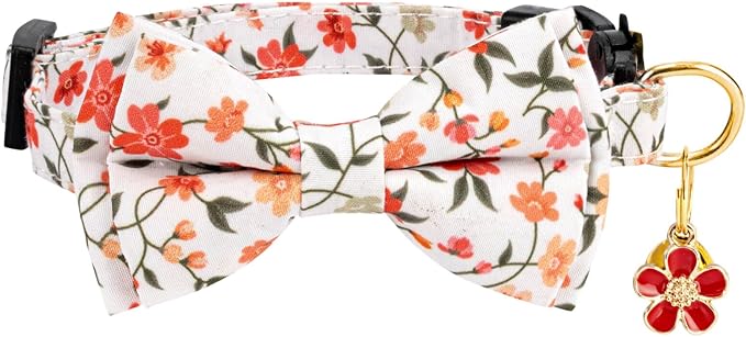 2 Pack Breakaway Cat Collar with Removable Bow Tie and Bell for Boy Girl Cats,Cute Cotton Kitten Collar with Purple Lavender and Red Flower Pattern for Female Male Cats (Lavender&Flower)