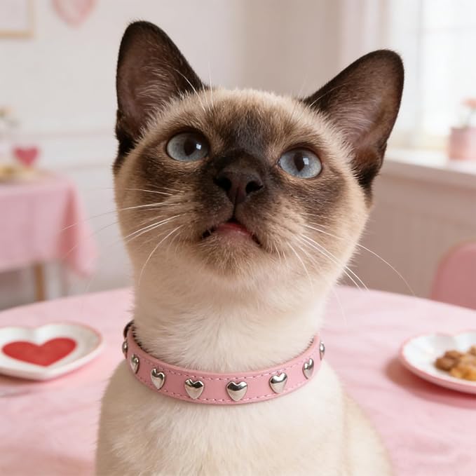EXPAWLORER Leather Cat Collar for Girl Boy Valentine's Day - Adjustable Pet Collar with Safety Elastic Belt,Personalized Heart Accessories Buckle Collars with Bell & Durable D-Ring,Heart(Pink)