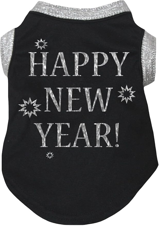 Petitebella Bling Happy New Year Puppy Dog Shirt (Black/Sliver, X-Small)