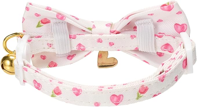 2 Pack Cat Collars, Removable Bowtie, Floral Pattern, Safety Breakaway Clasp, Adjustable for Cats.(Adult Cat, Pink Strawberry and White Heart)