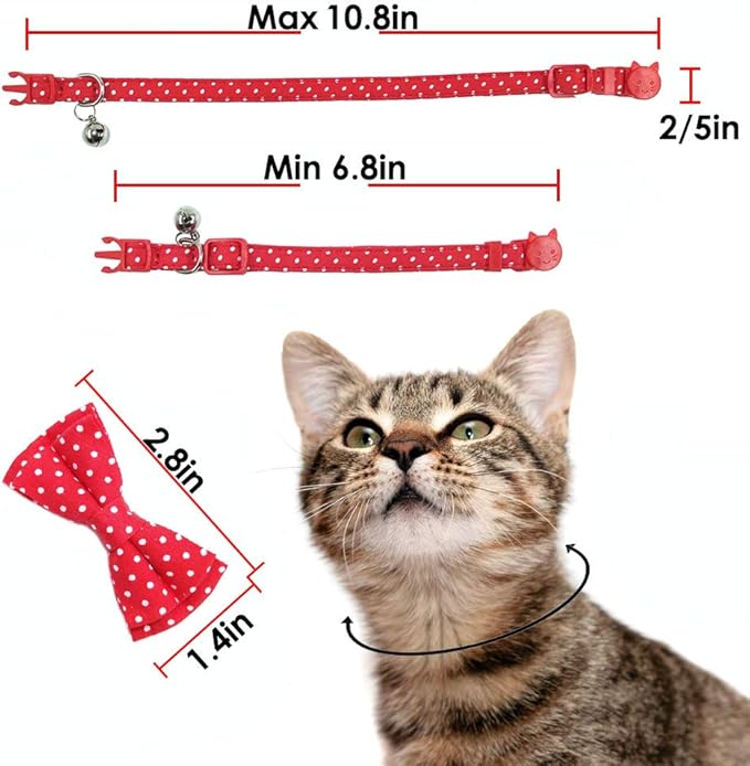 Cat Collar with Bell and Bow Tie, Breakaway Clasp Cute Dots Kitty Kitten Collar Set of 2 PCS(6.8-10.8in) (Black&Red Dots)