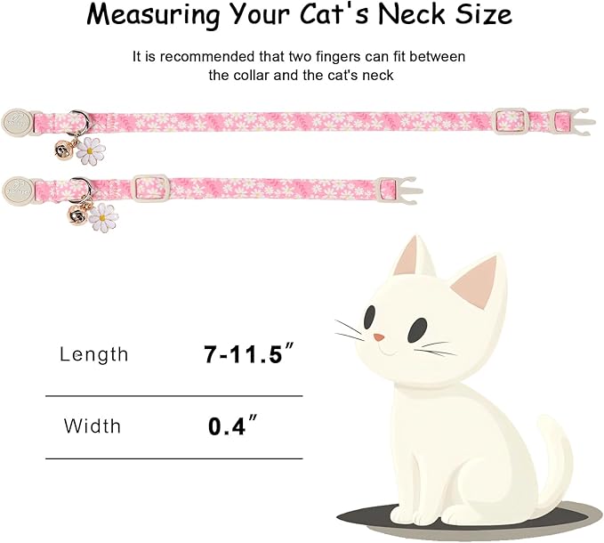 2 Pack Pink Cat Collars - Cute Bow & Daisy Breakaway Cat Collar with Bell & Matching Pendant, Soft Adjustable Spring Summer Girly Kitten Collars for Girl Cats