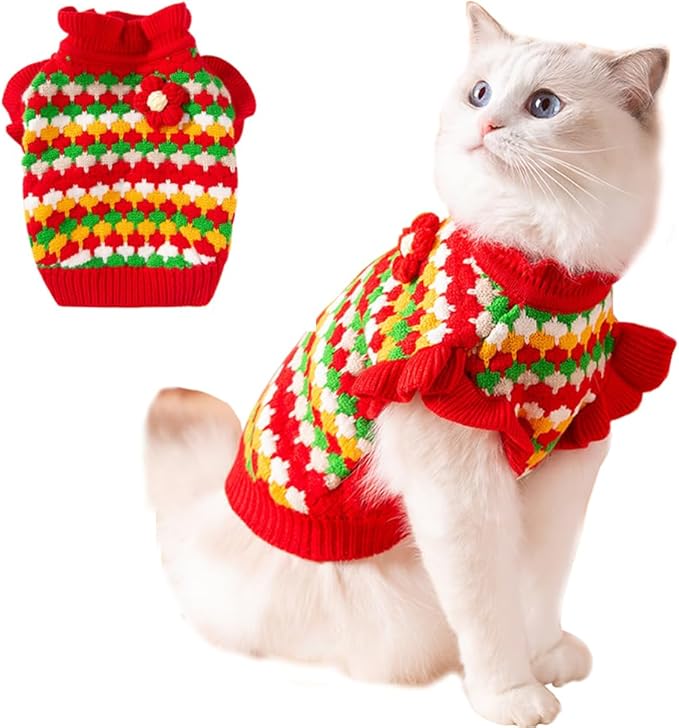 Small Dog Sweater, Knitted Tulip Cat Sweater, Warm Thick Holiday Puppy Clothes for Small Dog Girl,Cold Weather Outfit for Kitten Chihuahua Yorkie Teacup Dachshund Pug (Red, Large)