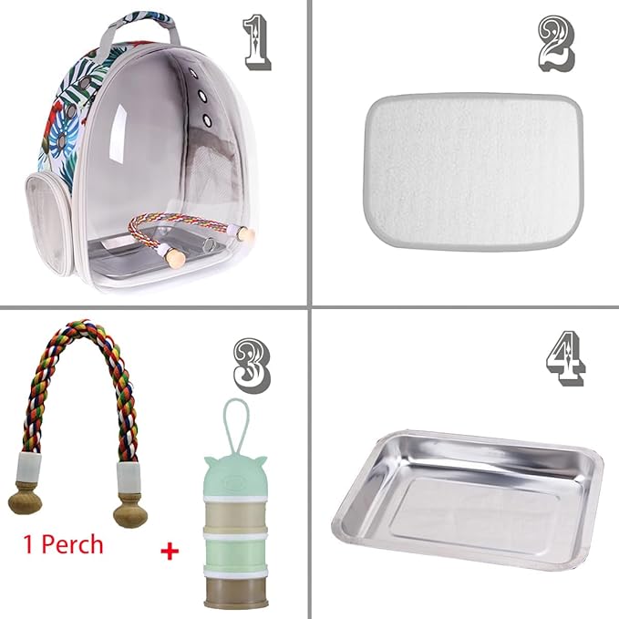 Bird Traval Carrier Cage, Clear Space Capsule Astronaut Backpack to Carry Parakeet Cockatiel Parrot with Metal Tray Wooden Perch and Bird Feeder, Vet Transport Book Bag Floral Printed