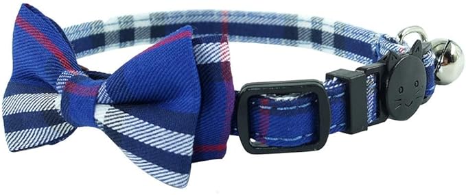 Cat Collar Breakaway with Bell and Bow Tie, Plaid Design Adjustable Safety Kitty Kitten Collars(6.8-10.8in) (Blue Plaid 1)