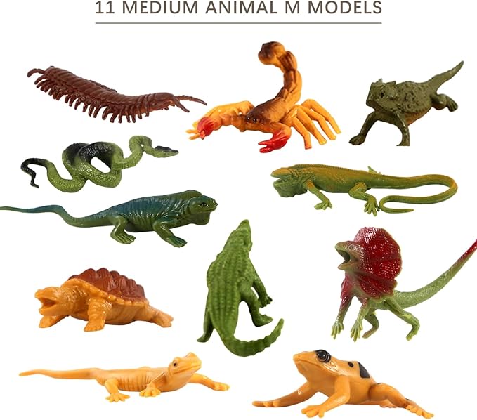 32Pcs Desert Reptiles Animals Figures Toys School Projects Diorama Kit Lizard Snake Cactus Plants Rock Playset for Kids Toddlers Cake Toppers Birthday Party Favor Decorations