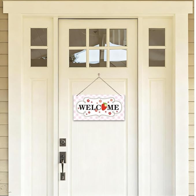 Welcome Sign for Front Door, Welcome Decor Wooden Hanging Sign for Girl Room Decor, Strawberry Pattern Wooden Hanging Signs, Cute Girl Style Front Door Decoration 13.8X6.9 inches