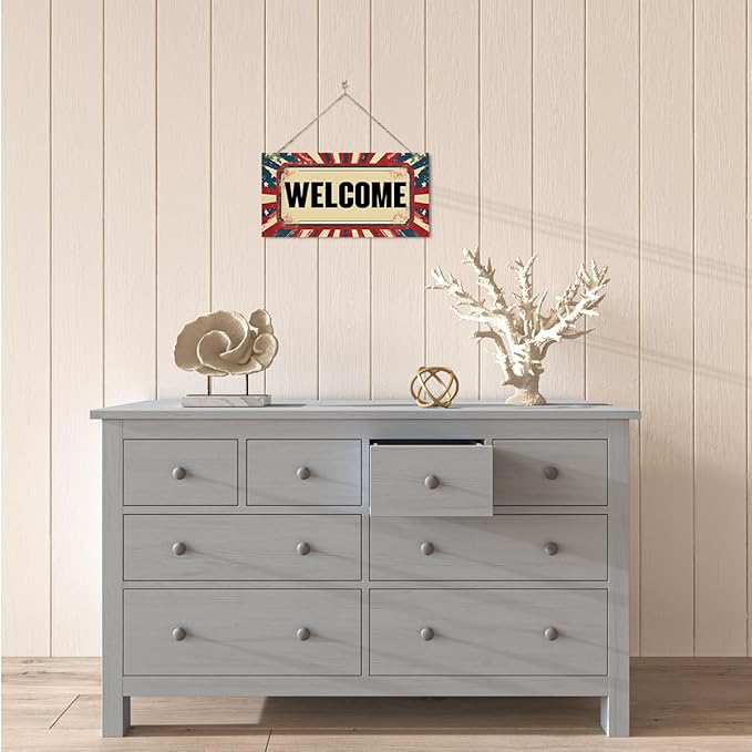 Welcome Sign for Front Door, Welcome Decor Wooden Hanging Sign for Wall Decor, Retro America Wall Hanging Signs, Funny Wooden Outdoor Front Door Decoration 13.8X6.9 inches