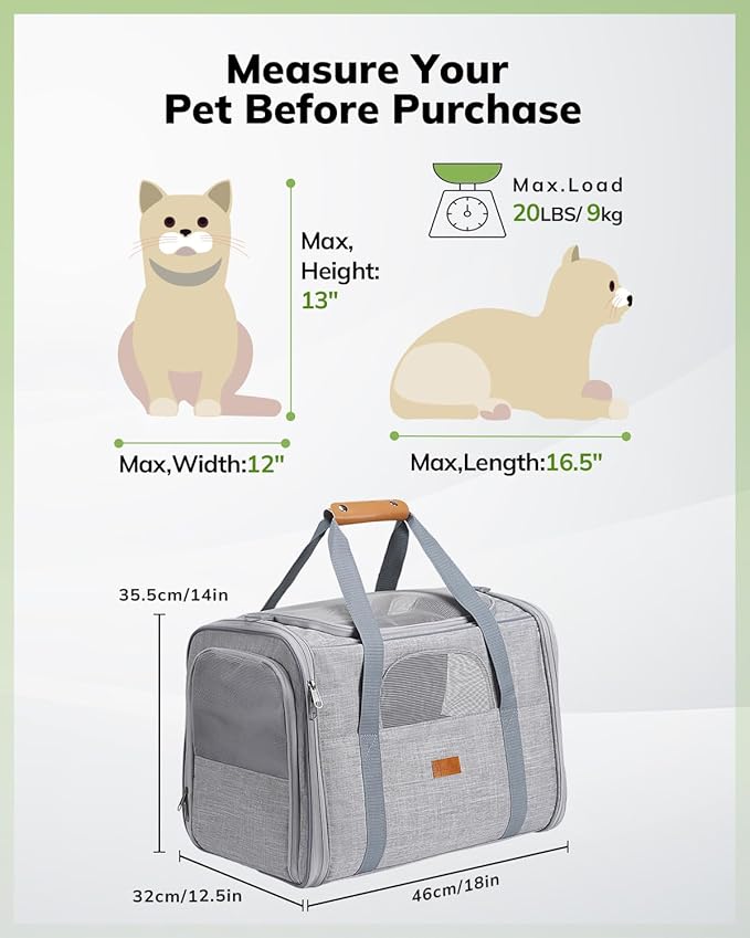 Morpilot Pet Travel Carrier Bag, Soft-Sided Dog Carrier Cat Carrier Pet Carrier, for Large Cats and Medium Puppies up to 25lbs, w/Locking Safety Zippers, Foldable Bowl (Light Gray)