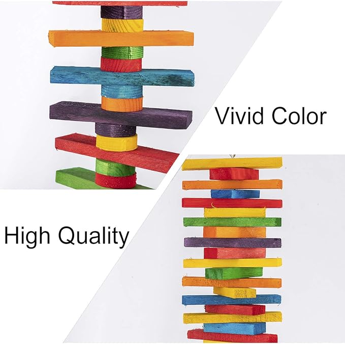 MEWTOGO 2Pcs Bird Toys - Parrot Toys with Multicolored Natural Wooden Blocks, Bird Chewing Sticks Toys for Conures Parakeets Cockatiels Lovebirds African Grey Macaws Amazon Parrots Gift