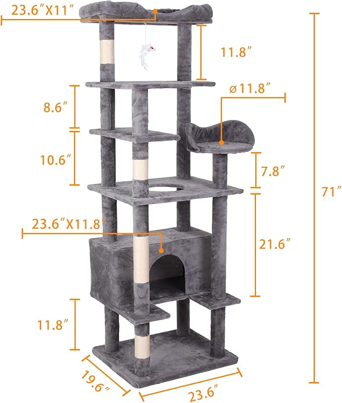 71'' Velvet Cat Climbing Frame, Multi-Level Cats Tree Tower with Scratching Posts, Large Top Padded Perch and Playhouse, Anti-Tipping Devices for Indoor Cats Activity Center (Antique Gray)